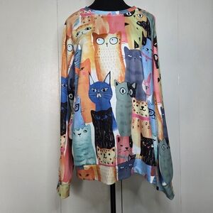 🌷Women's XXL Vibrant Funny Crazy Cat Lady Patterned Long Sleeve Crewneck Top